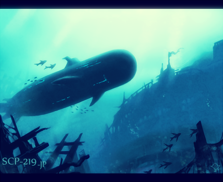 2015 amamidori ambient_fish ambient_sealife ambient_whale ambiguous_gender blue_background cetacean debris detailed_background digital_media_(artwork) digital_painting_(artwork) dorsal_fin english_text faceless feral fin fish flag flag_(object) girder hybrid letterbox living_machine living_submarine living_vehicle living_watercraft low-angle_view low_res machine mammal marine metal outside pectoral_fin restricted_palette scp-219-jp scp-jp scp_foundation shipwreck signature simple_background solo sunken_ship swimming tail tail_fin text translation_check underwater underwater_scenery underwater_view vehicle water watercraft white_text