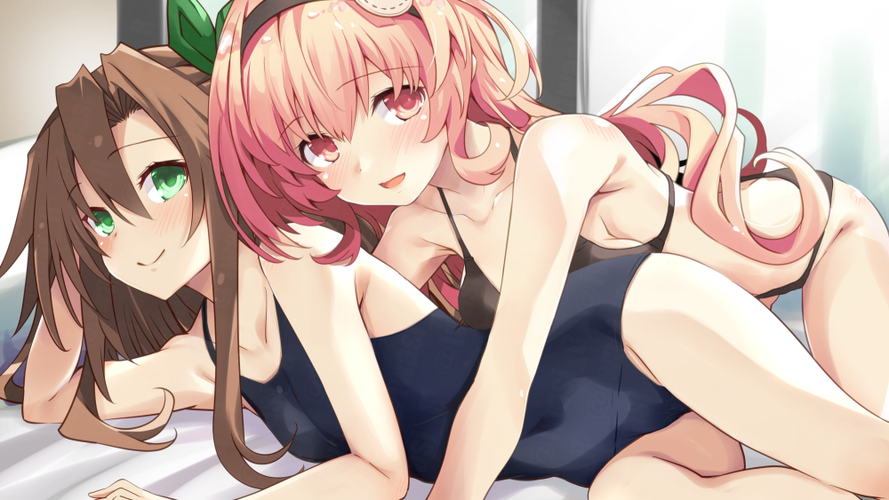 2girls bikini blush bow breasts brown_hair compa competition_school_swimsuit green_eyes hair_bow hairband if_(neptune_series) iwashi_dorobou_-r- long_hair looking_at_viewer multiple_girls neptune_(series) one-piece_swimsuit pink_eyes pink_hair school_swimsuit smile swimsuit