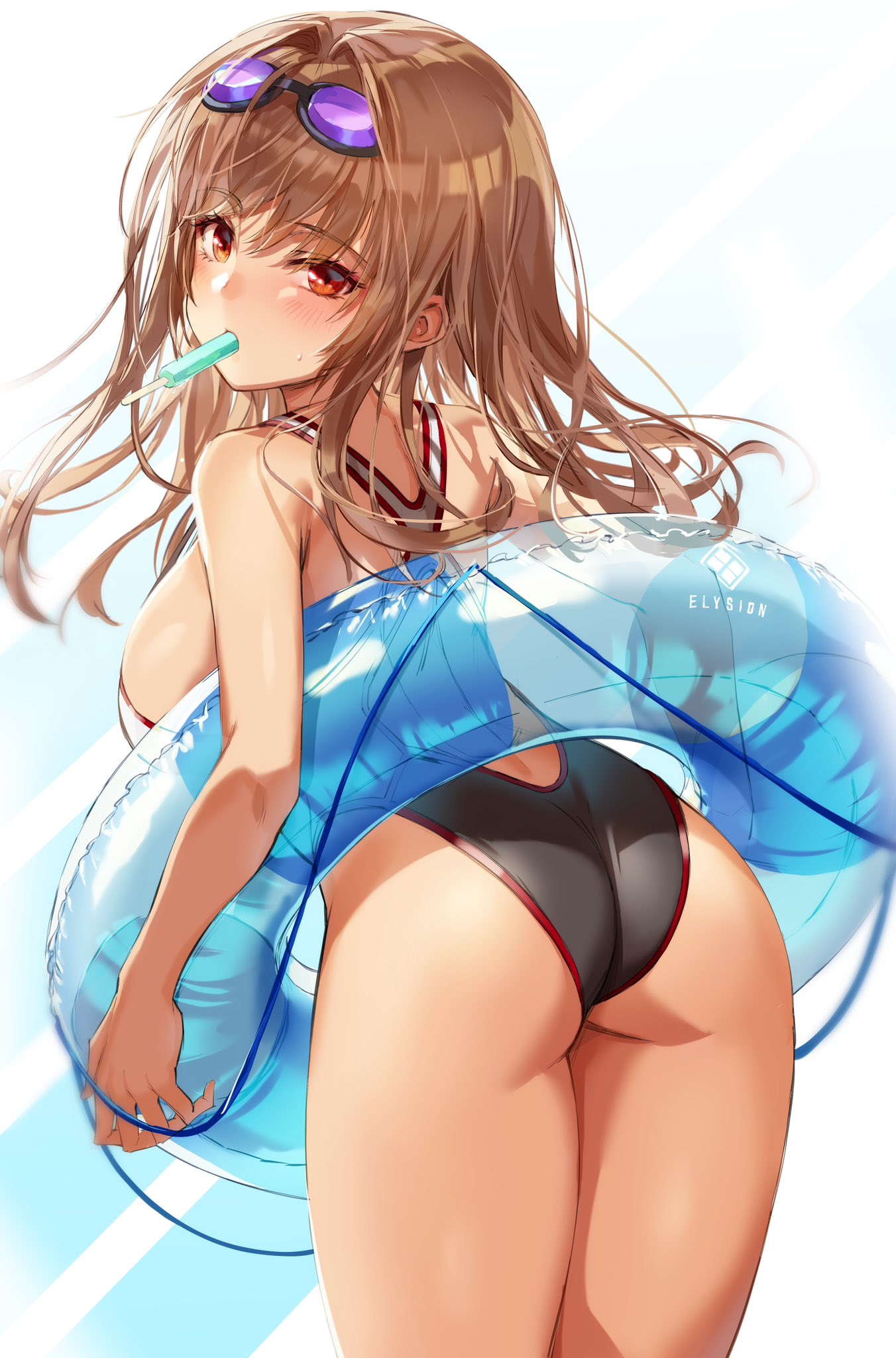 1girl ass black_one-piece_swimsuit blush breasts brown_hair competition_swimsuit food food_in_mouth goddess_of_victory:_nikke highleg highleg_swimsuit highres holding holding_innertube innertube large_breasts leaning long_hair looking_at_viewer looking_back michairu one-piece_swimsuit orange_eyes popsicle popsicle_in_mouth rapi_(classic_vacation)_(nikke) rapi_(nikke) solo swimsuit thighs two-tone_swimsuit