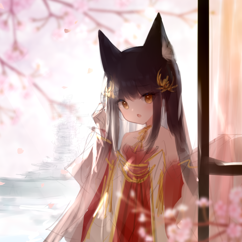 1girl animal_ear_fluff animal_ears azur_lane black_hair cherry_blossoms detached_sleeves dress falling_petals fox_ears fox_girl guo582 long_hair long_sleeves looking_at_viewer nagato_(azur_lane) nagato_(battleship) open_mouth petals red_dress shouji sketch sliding_doors solo straight_hair wide_sleeves yellow_eyes