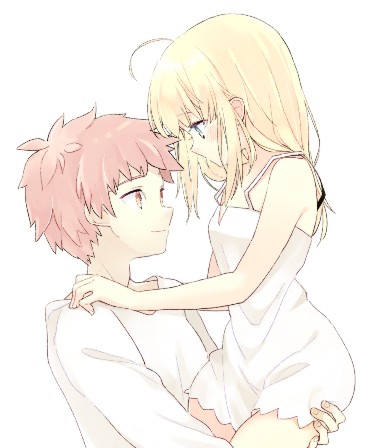 1boy 1girl 87banana ahoge artoria_pendragon_(fate) blonde_hair couple emiya_shirou fate/stay_night fate_(series) green_eyes hands_on_another's_shoulders looking_at_another nightgown red_hair saber shirt white_nightgown white_shirt