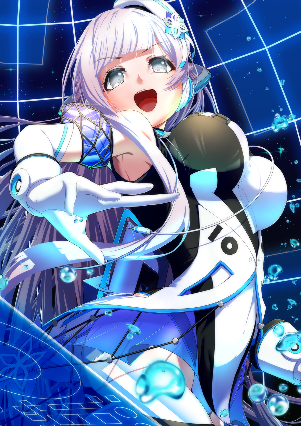 1girl :d bare_shoulders beret black_dress blunt_bangs bracer braid breasts cable commentary_request cowboy_shot d4dj dress elbow_gloves from_below from_side gloves grey_eyes grey_hair hand_up hat headphones highres hiraken holographic_interface izumo_saki large_breasts layered_dress long_hair looking_at_viewer looking_down looking_to_the_side night night_sky official_alternate_costume open_mouth see-through sidelocks sky sleeveless sleeveless_dress smile solo standing star_(sky) teeth tilted_headwear two-tone_dress upper_teeth_only v-shaped_eyebrows very_long_hair water_drop white_dress white_gloves white_headwear