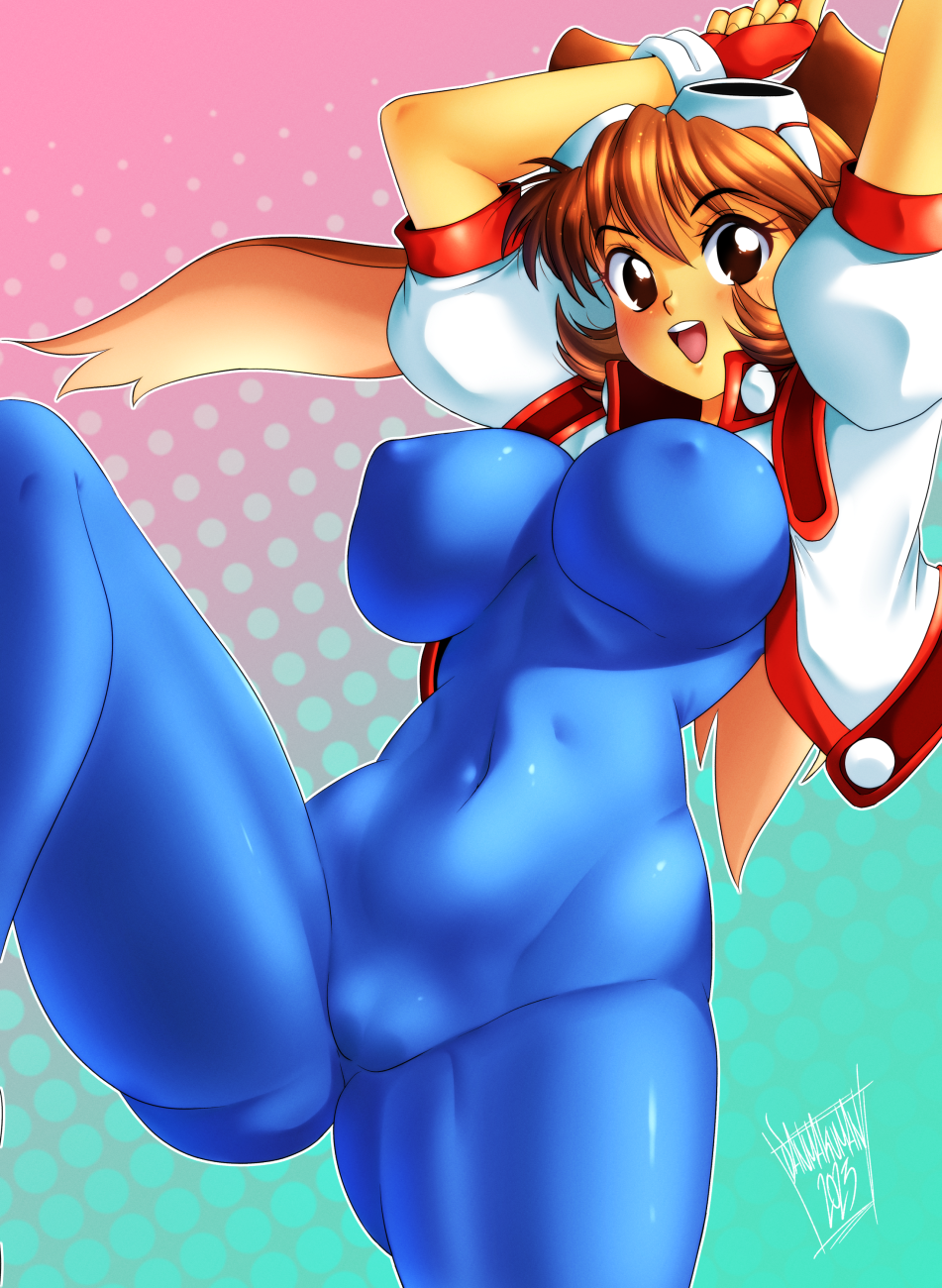 2023 :d animal_ears arms_up ass_visible_through_thighs blue_unitard bob_cut bodysuit breasts brown_eyes brown_hair cameltoe covered_navel covered_nipples cowboy_shot cropped_jacket danmakuman fingerless_gloves gloves goggles goggles_on_head gradient_background happy highres huge_breasts jacket large_breasts leg_up looking_at_viewer makihara_arina multicolored_background open_clothes open_jacket rabbit_ears red_gloves short_hair signature simple_background skin_tight smile teeth thick_thighs thighs upper_teeth_only waku_waku_7 white_jacket