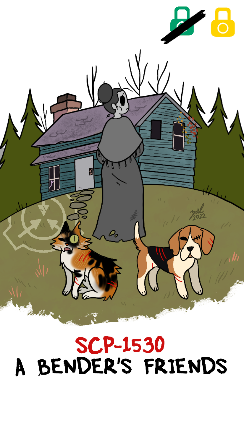 2022 3_toes artist_name beagle black_text building cabin calico_cat canid canine canis chimney clothing colored dated digital_drawing_(artwork) digital_media_(artwork) domestic_cat domestic_dog door dress empty_eyes english_text evergreen_tree feet felid feline felis female feral floppy_ears fur grass green_eyes green_king green_lock_symbol grey_body grey_clothing grey_dress grey_hair grey_shawl grey_skin grey_text group hair hi_res house human hunting_dog ivy_(plant) lock_symbol logo male mammal mottled multicolored_body multicolored_fur path piebald pine_tree plant quadruped red_text scar scent_hound scp-1530 scp-1530-2 scp-1530-3 scp_foundation sewn_eye shawl signature simple_background stitch_(sewing) text toes tree trio white_background window yellow_lock_symbol zal-cryptid