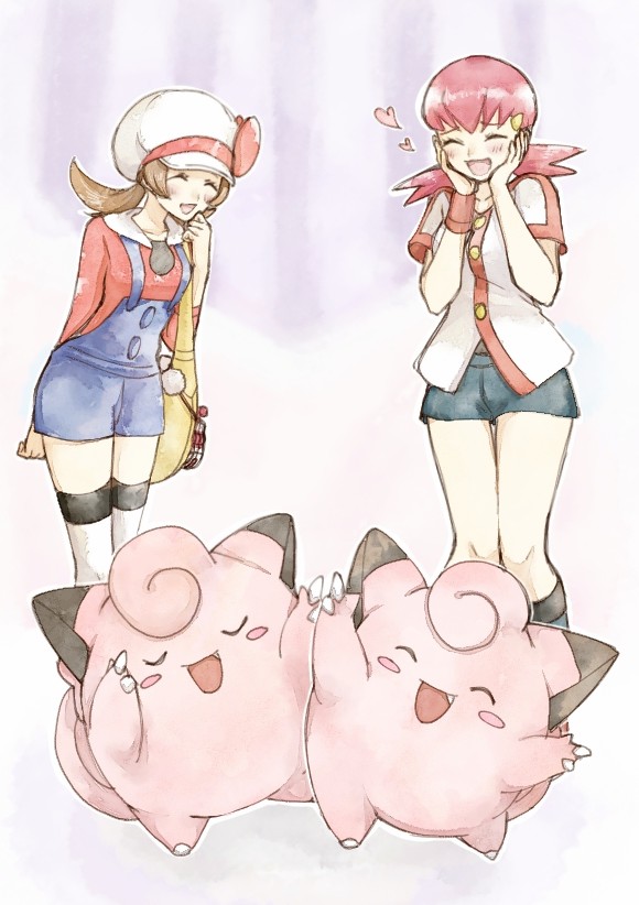 2girls :d asuka_rkgk blue_overalls brown_hair buttons clefairy closed_eyes hand_up hands_up happy hat heart jacket knees long_hair lyra_(pokemon) multiple_girls open_mouth overalls pink_hair pokemon pokemon_(creature) pokemon_(game) pokemon_hgss shirt shorts smile socks standing thighhighs twintails white_headwear white_jacket whitney_(pokemon) wristband