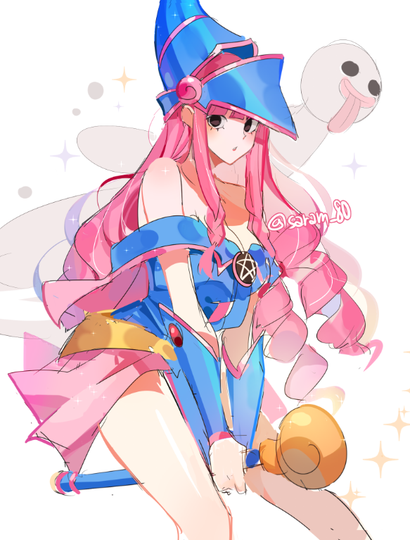 1girl archived_source bad_id bad_twitter_id black_eyes braid commentary_request cosplay dark_magician_girl dark_magician_girl_(cosplay) dress drill_hair duel_monster ghost hat joman korean_commentary long_hair looking_at_viewer one_piece perona pink_hair short_dress sidelocks simple_background star_(symbol) strapless strapless_dress white_background yu-gi-oh!