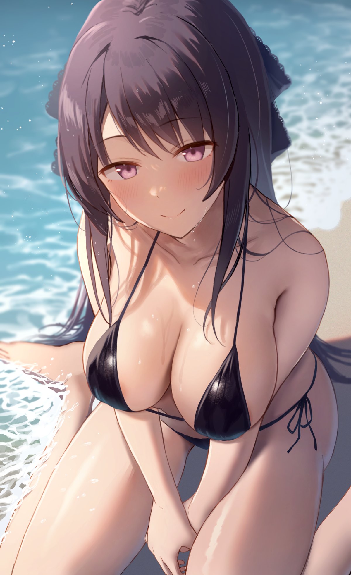 1girl ao_no_kanata_no_four_rhythm bare_shoulders beach between_legs bikini bikini_day black_bikini black_hair black_ribbon blurry blush breasts cleavage closed_mouth collarbone commentary day depth_of_field fine_fabric_emphasis from_above hair_over_shoulder halterneck hand_between_legs highres large_breasts light_blush long_hair looking_at_viewer ocean outdoors own_hands_together purple_eyes ray_mil68 ribbon shiny_skin side-tie_bikini_bottom sidelighting sidelocks sitting smile solo split_mouth strap_gap swimsuit textless_version thighs tobisawa_misaki v_arms wariza wet