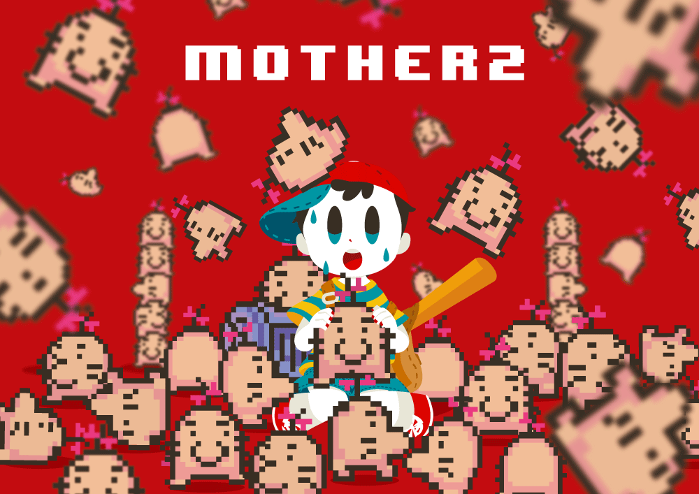 1boy backpack bag baseball_cap brown_bag copyright_name doseisan hat kneeling male_focus mother_(game) mother_2 nervous_sweating ness_(mother_2) nonana_(mikudrop) open_mouth pale_skin pixel_art red_background red_footwear shirt short_sleeves shorts socks striped striped_shirt sweat trash_can