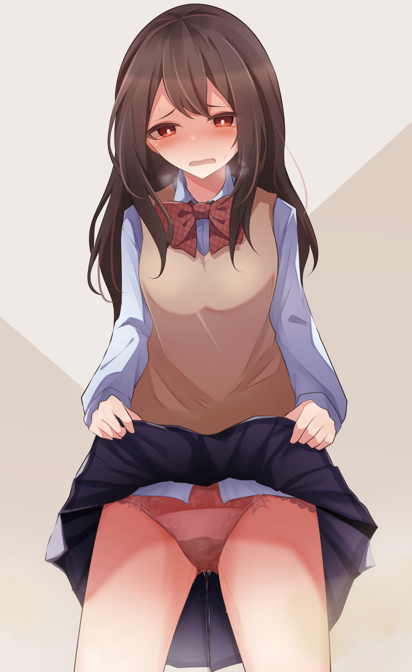 1girl blue_skirt blush bow bowtie breasts breath bright_pupils brown_hair brown_vest clothes_lift collared_shirt commentary_request cowboy_shot embarrassed grey_background half-closed_eyes highres lifted_by_self long_hair long_sleeves looking_at_viewer miniskirt open_mouth original panties pee peeing peeing_self pink_panties plaid plaid_bow plaid_bowtie pleated_skirt raised_eyebrows red_bow red_bowtie red_eyes school_uniform shirt sidelocks simple_background skirt skirt_lift small_breasts solo standing steam sweat textless_version thighs two-tone_background underwear vest watakarashi wet wet_clothes wet_panties white_pupils white_shirt