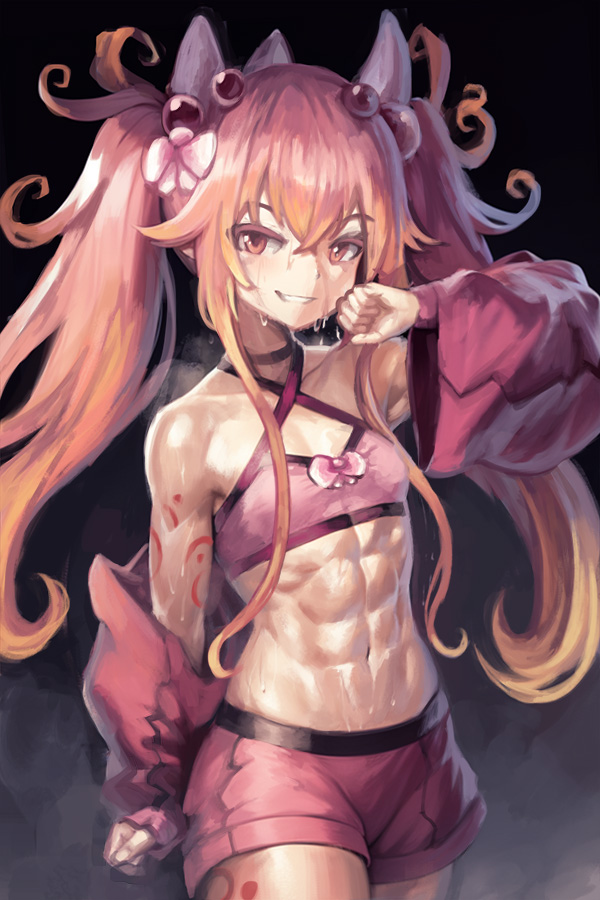 1girl abs arm_tattoo blonde_hair bow breasts commentary_request cowboy_shot crop_top curly_hair duel_monster gradient_hair hair_between_eyes horns leg_tattoo long_hair multicolored_hair navel petite pink_eyes pink_hair pink_shorts shorts small_breasts smile solo sweat tattoo thighs toned traptrix_mantis twintails yilx yu-gi-oh!