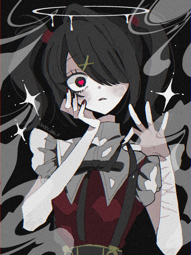 1girl ame-chan_(needy_girl_overdose) black_background black_eyes black_hair black_nails black_ribbon black_skirt collared_shirt commentary_request cuts film_grain hair_ornament hair_over_one_eye hair_tie hairclip halo hand_on_own_cheek hand_on_own_face hands_up heart heart_in_eye holding holding_ribbon injury looking_at_viewer melting_halo multicolored_nails muted_color nail_polish neck_ribbon needy_girl_overdose parted_lips red_nails red_shirt ribbon self-harm self-harm_scar shirt skirt smoke solo sparkle suspender_skirt suspenders symbol_in_eye tabun_ningen twintails twitter_username upper_body white_halo wide-eyed x_hair_ornament