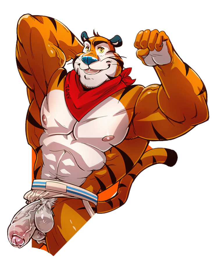 abs anthro balls felid frosted_flakes genitals kellogg's kumammoto_(artist) male mammal mascot nipples orange_body pantherine pecs penis solo striped_body stripes tiger tony_the_tiger vein veiny_muscles veiny_penis