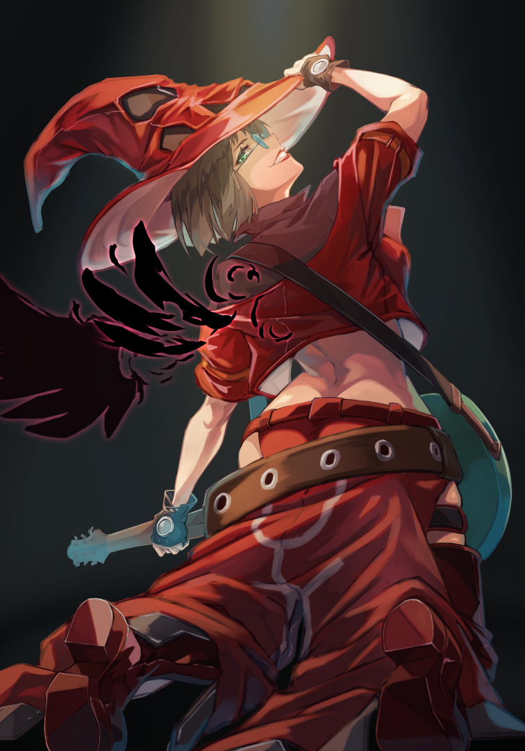 belt black_hair boots cropped_jacket electric_guitar fingerless_gloves from_behind gloves green_eyes grin guilty_gear guitar hat i-no instrument looking_at_viewer looking_back medium_hair midriff online_neet red_footwear red_leather red_lips smile thigh_boots wings witch_hat