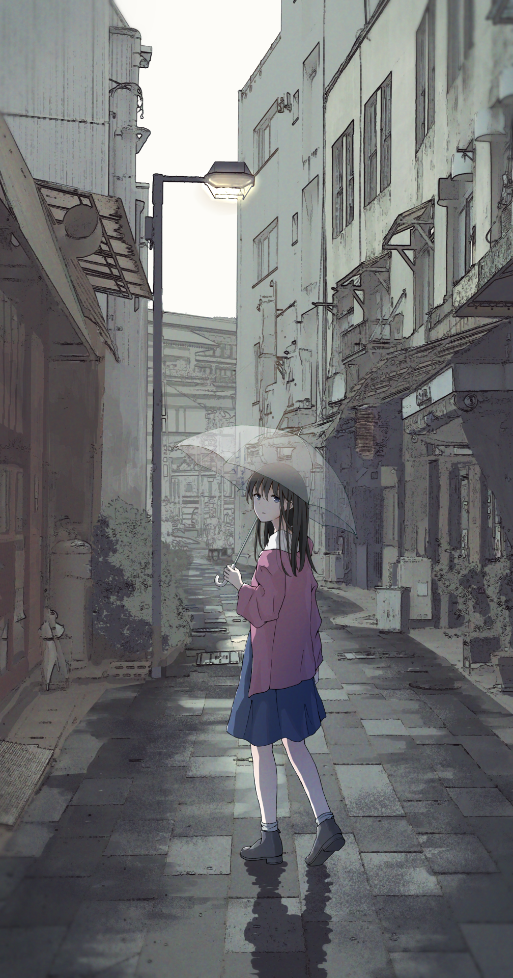 1girl anyotete black_hair blue_dress blue_eyes canopy_(shelter) city cityscape commentary day dress english_commentary highres holding holding_umbrella jacket lamppost long_sleeves looking_at_viewer looking_back open_clothes open_jacket open_mouth original outdoors pink_jacket plant pleated_dress potted_plant rain reflection scenery socks solo transparent transparent_umbrella umbrella white_socks wide_shot