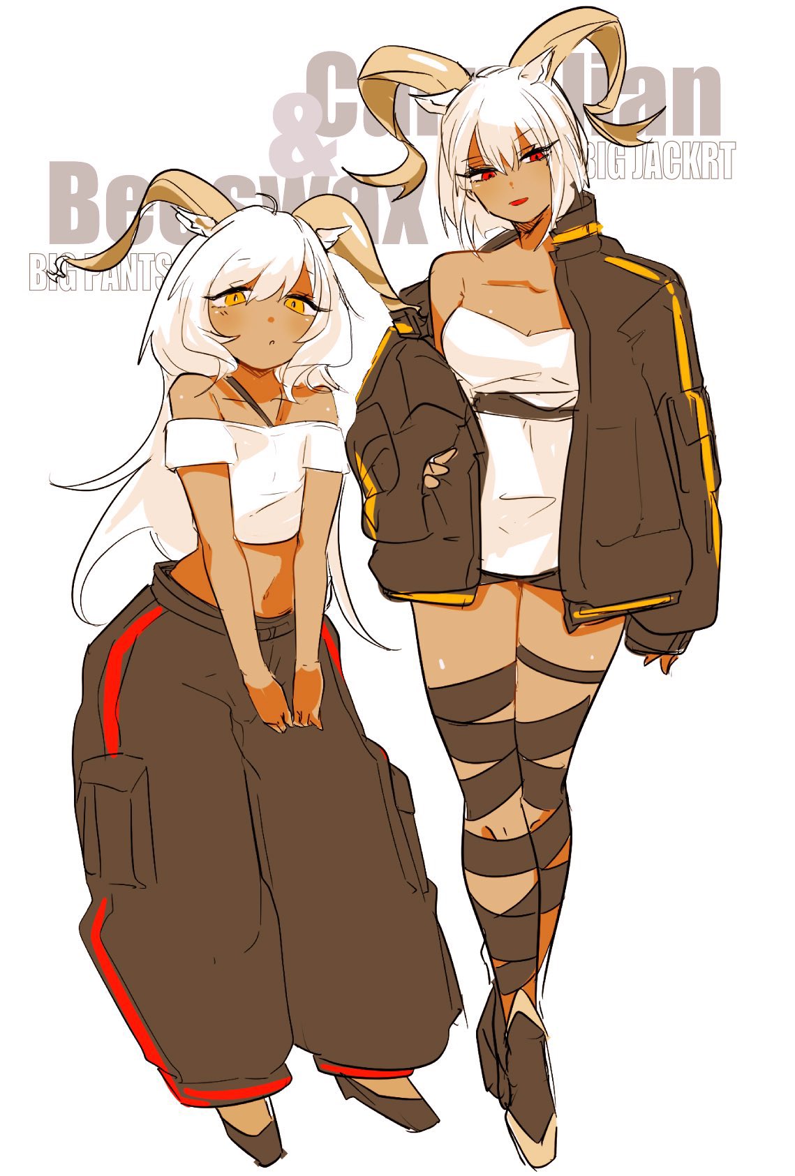 2girls alternate_costume animal_ears arknights beeswax_(arknights) breasts cargo_pants carnelian_(arknights) character_name dark-skinned_female dark_skin goat_ears goat_girl goat_horns gold_horns highres horns jacket long_hair looking_at_viewer medium_breasts multiple_girls open_clothes pants red_eyes short_hair siblings sisters ub_orca white_hair yellow_eyes