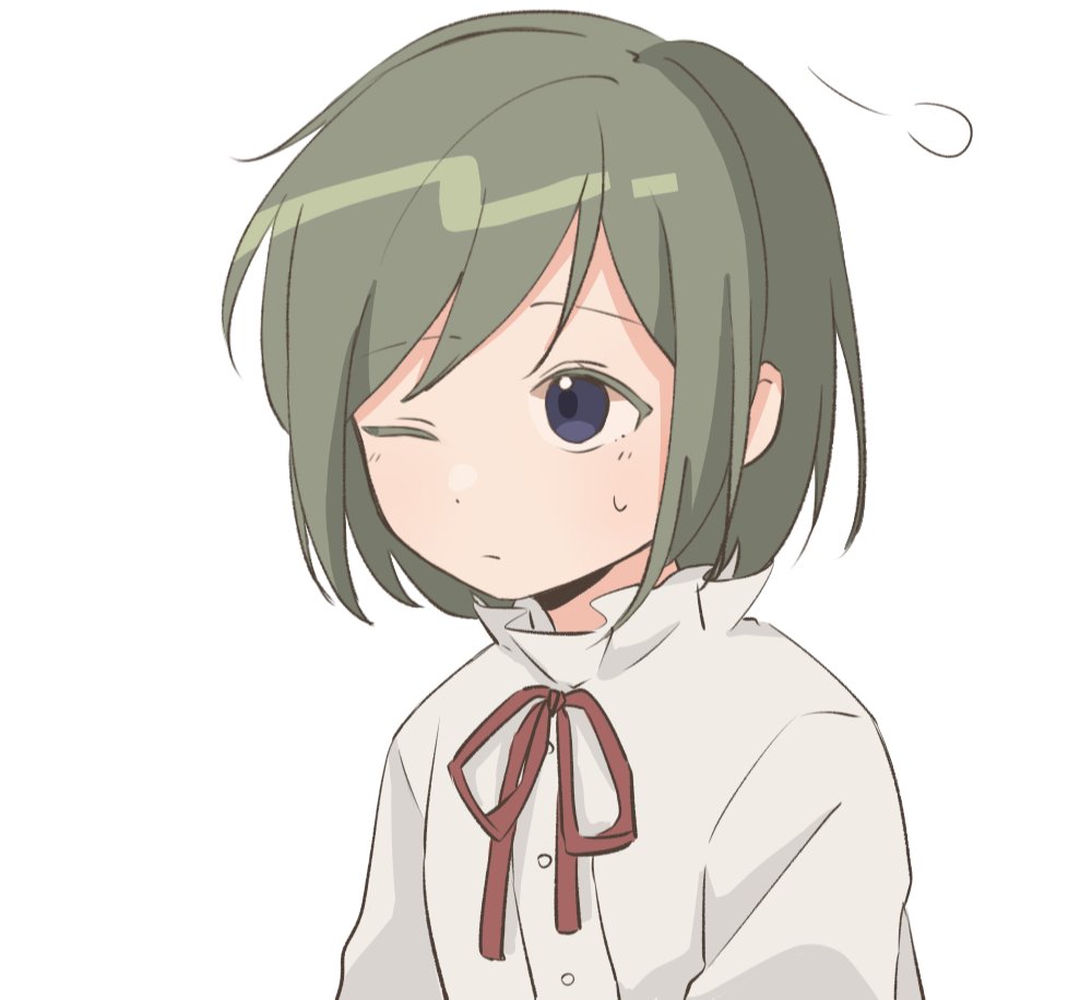 1girl aged_down buttons closed_mouth collared_shirt colored_eyelashes commentary expressionless green_hair kagerou_project kido_tsubomi koyon looking_up neck_ribbon one_eye_closed purple_eyes red_ribbon ribbon shirt short_hair simple_background solo sweat swept_bangs symbol-only_commentary upper_body white_background white_shirt