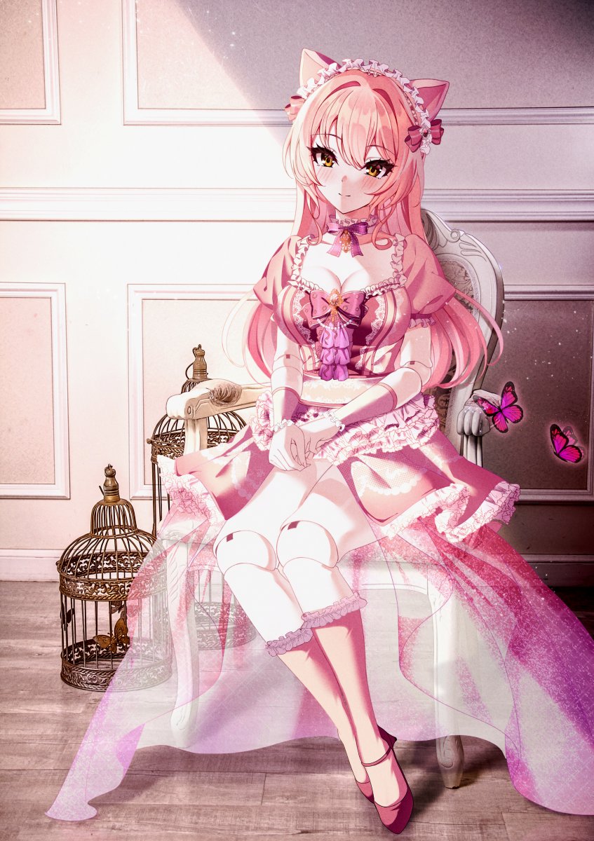 1girl animal_ears birdcage blush bow breasts bug butterfly cage cat_ears chair choker cleavage doll_joints dress frilled_choker frilled_dress frilled_hairband frilled_skirt frills hair_bow hairband highres idolmaster idolmaster_cinderella_girls jewelry joints jougasaki_mika lolita_fashion long_hair medium_breasts pink_hair pink_socks red_footwear see-through see-through_skirt sitting skirt smile socks solo sutoroa thighs yellow_eyes