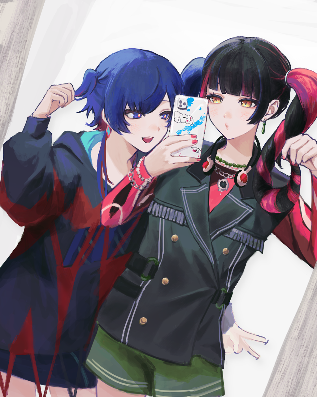 2girls alternate_hairstyle arm_around_waist black_hair black_hoodie black_jacket blue_eyes blue_hair blunt_bangs blush buttons colored_inner_hair commentary_request cowboy_shot diamond_earrings double-breasted earrings green_shorts hair_over_shoulder hand_up hands_up harusaruhi highres holding holding_own_hair holding_phone hood hood_down hoodie jacket jewelry kamitsubaki_studio kj_keiji long_hair long_sleeves looking_at_phone matching_hairstyle multicolored_clothes multicolored_hair multicolored_hoodie multiple_girls open_mouth phone pink_nails puckered_lips puffy_long_sleeves puffy_sleeves red_eyes red_hair red_hoodie red_sleeves rim_(kamitsubaki_studio) selfie short_shorts short_twintails shorts skirt smile twintails v virtual_youtuber yellow_eyes yellow_pupils