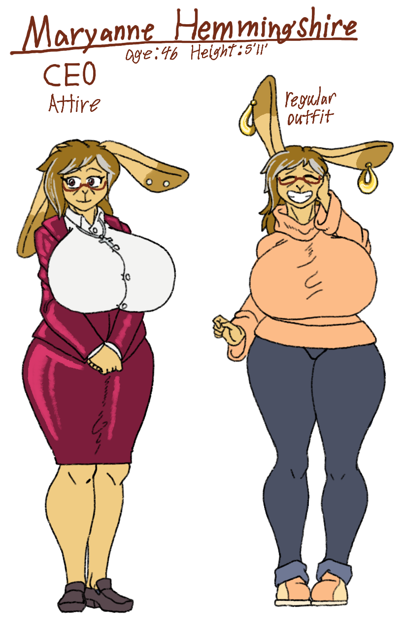 anthro big_breasts bottomwear breasts brown_hair business_attire business_suit businesswear clothed clothing cross cross_necklace digital_media_(artwork) ear_piercing ear_ring english_text eyewear female footwear glasses hair hi_res huge_breasts jewelry lagomorph leporid lurker_bot mammal maryanne_(lurker_bot) mature_anthro mature_female necklace piercing rabbit ring_piercing shirt simple_background skirt smile solo standing suit text thick_thighs topwear wide_hips