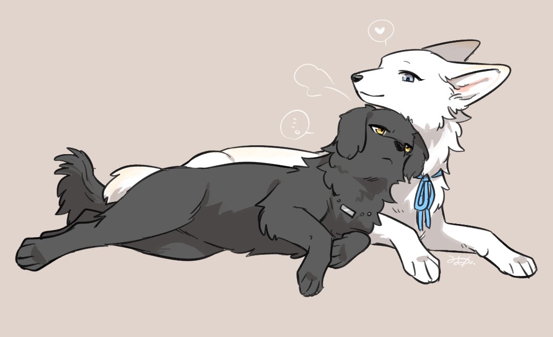 &lt;3 2023 ambiguous_gender berger_blanc_suisse bird_dog black_body black_fur black_nose black_tail blue_eyes blue_ribbon canid canine canis closed_smile cody_(tsukune_minaga) digital_media_(artwork) domestic_dog duo ellipsis felicia_(tsukune_minaga) female_(lore) feral flat_coated_retriever floppy_ears fluffy fluffy_tail fur herding_dog hunting_dog lop_ears lying male_(lore) mammal monotone_body monotone_fur mouth_closed name_tag on_front on_side pastoral_dog pink_inner_ear prick_ears quadruped retriever side_by_side signature smile speech_bubble tail tsukune_minaga white_body white_fur white_tail yellow_eyes