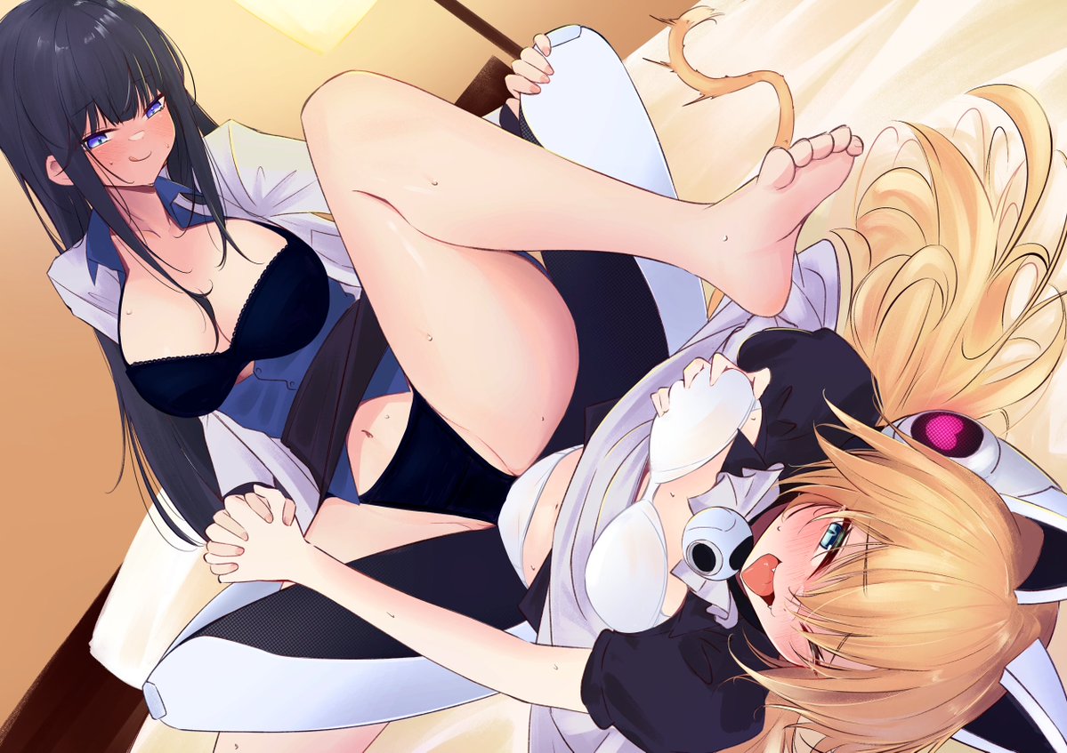 2girls animal_ears barefoot betty_(girls'_frontline_nc) black_bra black_hair black_panties blonde_hair blue_eyes blue_shirt blush bra breasts cat_ears cat_tail cleavage clothed_sex feet female_professor_(girls'_frontline_nc) girls'_frontline girls'_frontline_neural_cloud holding_hands idw_(girls'_frontline) labcoat large_breasts licking_lips long_hair lying maid mechanical_legs multiple_girls navel ohichi16 on_back one_eye_closed open_clothes open_mouth open_shirt panties professor_(girls'_frontline_nc) shirt smile soles sweat tail toes tongue tongue_out tribadism tribadism_through_clothes underwear white_bra white_panties yuri