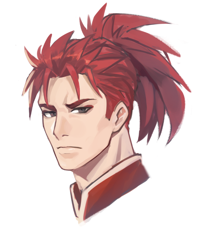 1boy cropped_shoulders eyeshadow fate/grand_order fate_(series) high_ponytail li_shuwen_(fate) li_shuwen_(young)_(fate) light_frown long_hair looking_at_viewer makeup male_focus ponytail red_eyeshadow red_hair sdz_(inazuma) sideburns thick_eyebrows white_background