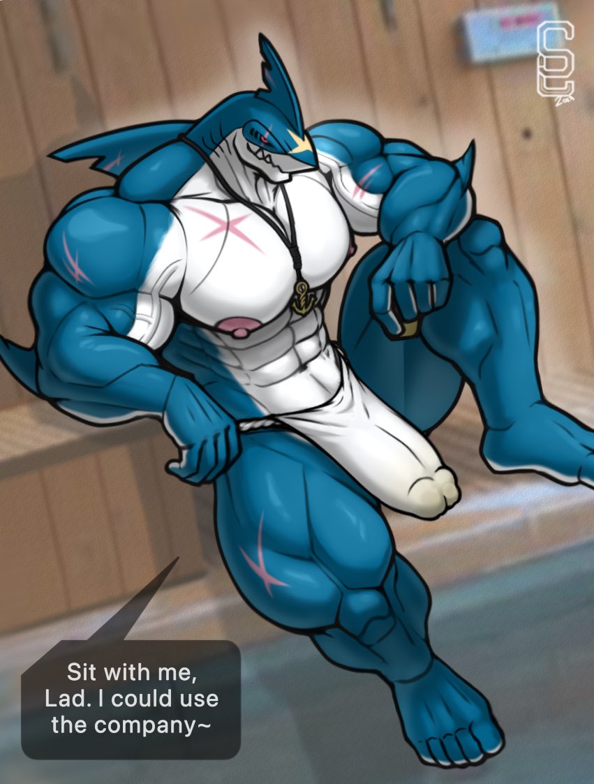 abs anthro arm_fins arm_on_knee biceps big_bulge big_muscles blue_body bulge clothing english_text fin fingers fish genital_outline inside jewelry male marine muscular muscular_male muscular_thighs navel necklace nipples pecs penis_outline red_eyes sauna scar shark sitting solard0gg0 solo speech_bubble teeth text underwear vein white_body