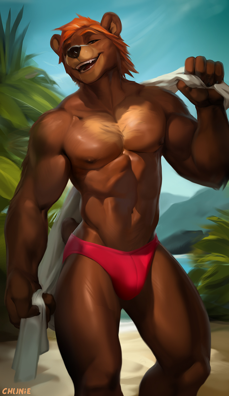 2023 anthro bear brown_body brown_fur chunie clothing detailed_background digital_media_(artwork) fur hair hi_res holding_object holding_towel looking_at_viewer male mammal muscular muscular_anthro muscular_male nipples open_mouth orange_hair shirtless_male smile solo speedo swimwear towel