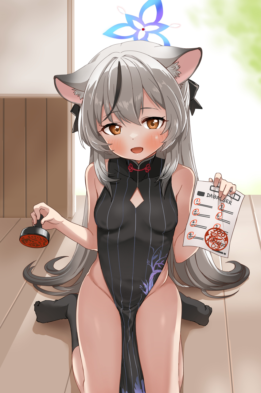 1girl animal_ears bare_arms bare_shoulders black_dress black_socks blue_archive brown_eyes china_dress chinese_clothes cleavage_cutout clothing_cutout colored_tips dress gradient_hair grey_hair halo highres holding ink_stamp kokona_(blue_archive) long_hair looking_at_viewer multicolored_hair no_panties open_mouth paper pelvic_curtain seiza sitting sleeveless sleeveless_dress smile socks solo streaked_hair striped striped_dress thighs very_long_hair zaxwu