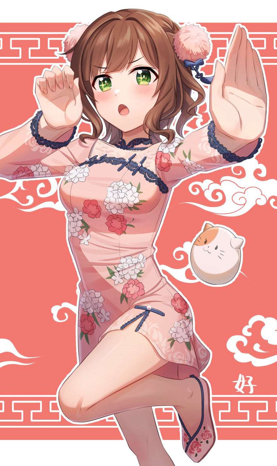 1girl bangs blush breasts brown_hair china_dress chinese_clothes commentary_request cowboy_shot dress fang floral_print green_eyes hair_ornament hands_up highres idolmaster idolmaster_cinderella_girls kurageso leg_up long_sleeves looking_at_viewer maekawa_miku medium_breasts open_mouth pink_dress pink_footwear pom_pom_(clothes) pom_pom_hair_ornament print_dress red_background short_hair sidelocks sparkling_eyes standing standing_on_one_leg stuffed_animal stuffed_cat stuffed_toy thighs v-shaped_eyebrows