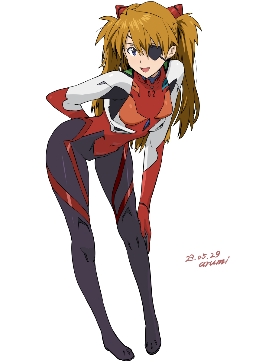 1girl arm_behind_back artist_name baba_arumi bent_over blue_eyes bodysuit breasts commentary dated evangelion:_3.0_you_can_(not)_redo eyepatch highres interface_headset looking_at_viewer multicolored_bodysuit multicolored_clothes neon_genesis_evangelion open_mouth orange_hair pilot_suit plugsuit rebuild_of_evangelion simple_background skin_tight small_breasts smile solo souryuu_asuka_langley standing white_background