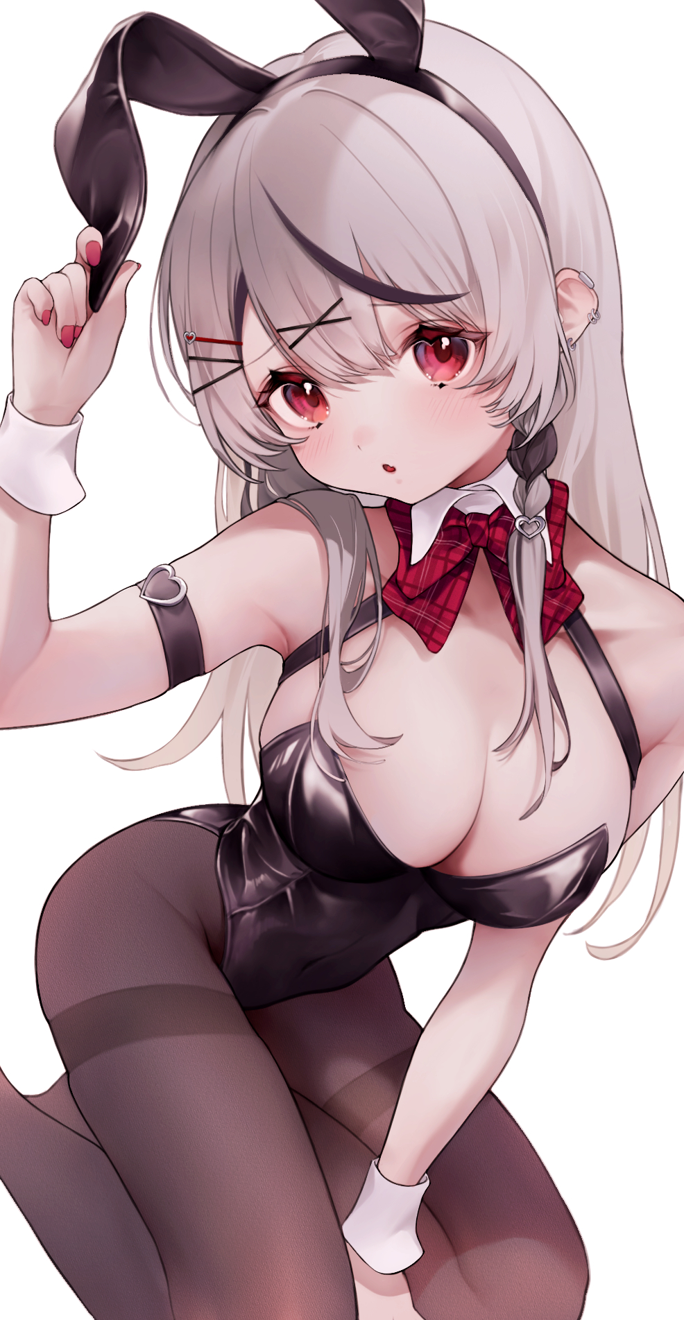 1girl amane_0e0 animal_ears arm_strap bare_shoulders between_legs black_hair black_leotard braid breasts brown_pantyhose cleavage detached_collar ear_piercing fake_animal_ears fang grey_hair hair_ornament hand_between_legs heart_o-ring highres holding_ear hololive leotard long_hair looking_at_viewer multicolored_hair open_mouth pantyhose piercing playboy_bunny rabbit_ears red_eyes red_nails red_ribbon ribbon sakamata_chloe seiza single_braid sitting skin_fang sleeveless solo streaked_hair virtual_youtuber wrist_cuffs x_hair_ornament
