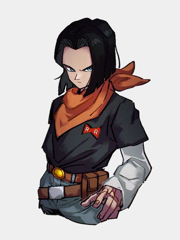 1boy android_17 belt black_hair black_shirt blue_eyes closed_mouth dragon_ball dragon_ball_z kemachiku male_focus neckerchief orange_neckerchief pants red_ribbon_army serious shirt solo white_shirt