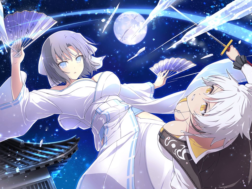 2girls angry architecture armor asymmetrical_sleeves bandaged_arm bandages bare_shoulders battle black_cape black_choker blue_eyes blush bow breasts cape choker cleavage collarbone cryokinesis dual_wielding duel east_asian_architecture fighting folding_fan full_moon grey_hair hair_bow hand_fan high_collar holding holding_sword holding_weapon ice infinity_symbol japanese_armor japanese_clothes katana kimono lantern large_breasts light_particles looking_at_another low_neckline miyabi_(senran_kagura) moon multiple_girls night night_sky official_art open_mouth ouroboros pagoda panties paper_lantern ribbon-trimmed_kimono senran_kagura senran_kagura_shinovi_versus short_hair sky slit_pupils sparkle star_(sky) starry_sky striped striped_bow sword tachi_(weapon) teeth tongue tower tsuba_(guard) tsuka-ito underwear uneven_sleeves upper_teeth_only weapon white_bow white_hair white_kimono yaegashi_nan yellow_eyes yumi_(senran_kagura)