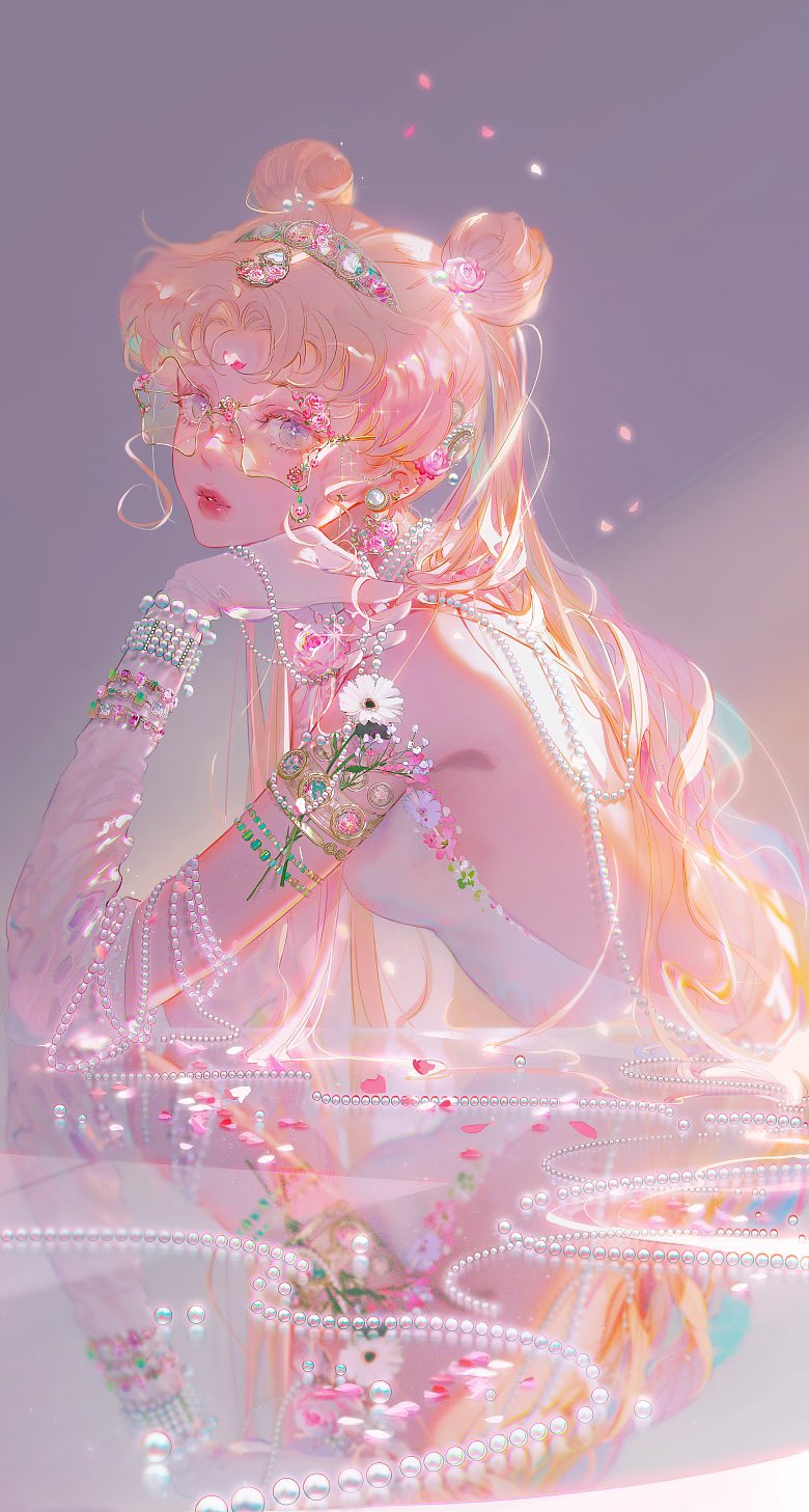 1girl bare_back bare_shoulders bishoujo_senshi_sailor_moon blonde_hair bracelet breasts closed_mouth dress earrings elbow_gloves flower from_side glasses gloves gold_trim green_flower hair_flower hair_ornament hand_up highres jewelry leaf lips long_hair looking_at_viewer medium_breasts mian_lang necklace pearl_bracelet pearl_earrings pearl_hair_ornament pearl_necklace petals pink_background pink_flower pink_rose purple_background purple_eyes red_flower red_rose reflection rose simple_background sitting sleeveless sleeveless_dress smile solo sparkle star-shaped_eyewear star_(symbol) table tiara tsukino_usagi twintails white_dress white_flower white_gloves