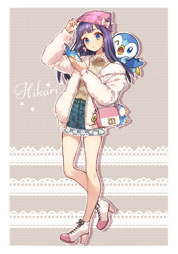 1girl alternate_costume arm_up beanie blue_eyes border character_doll character_name commentary_request dawn_(pokemon) earrings eyelashes full_body fur_jacket green_skirt hand_up hat high_heels holding holding_phone jacket jewelry knees long_hair long_sleeves on_shoulder open_clothes open_jacket phone pink_bag piplup pokemon pokemon_(anime) pokemon_(creature) pokemon_dppt_(anime) pokemon_on_shoulder purple_hair rotom rotom_phone sasairebun skirt star_(symbol) sweater white_border white_footwear yellow_sweater