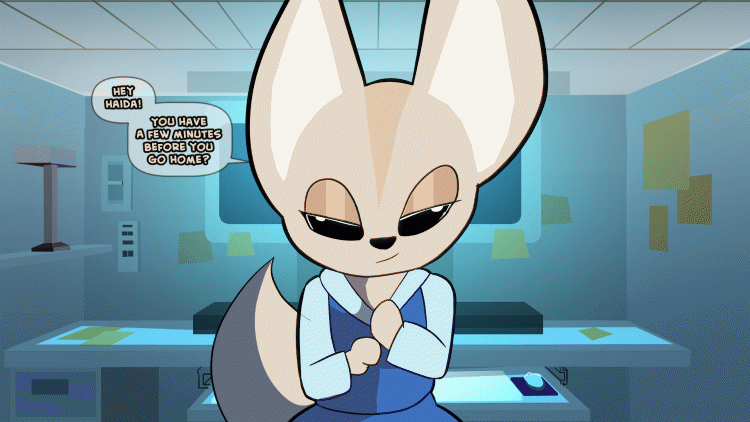 aggretsuko animated anthro areola bedroom_eyes big_breasts black_eyes breasts brown_areola brown_nipples canid canine clothing dress english_text exclamation_point female fennec fenneko flashing fox hammerspace hammerspace_breasts huge_breasts looking_at_viewer loop mammal narrowed_eyes nipples penlink question_mark sanrio seductive short_playtime smile solo speech_bubble tan_body text