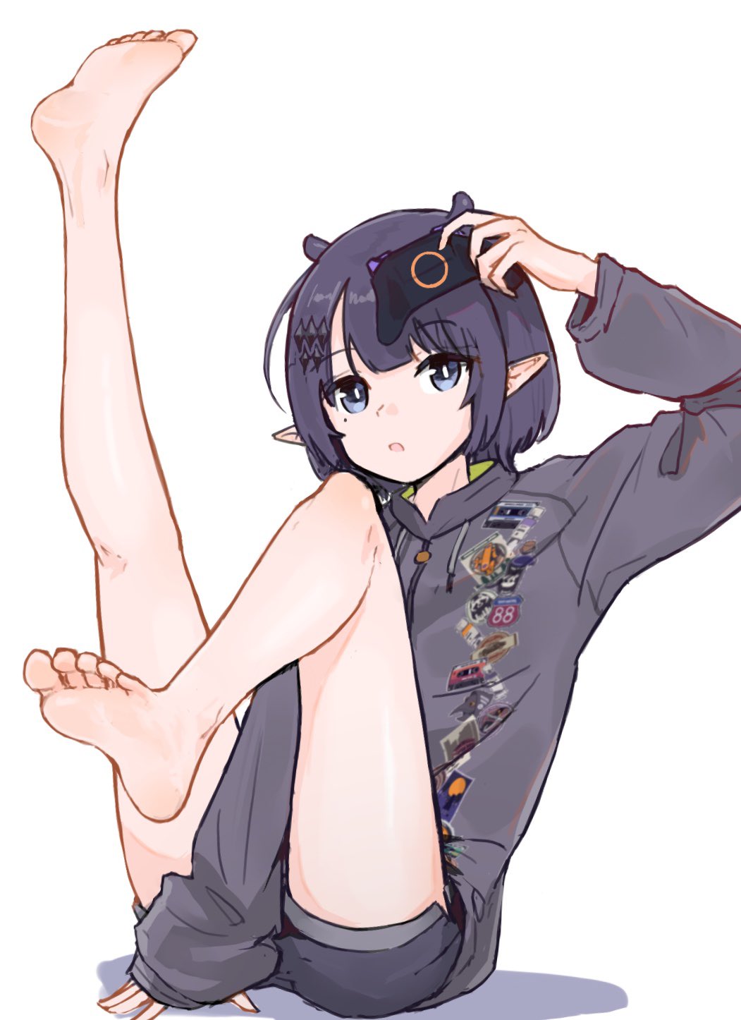 1girl arm_between_legs bare_legs barefoot blue_eyes commentary controller extra_ears feet full_body game_controller highres holding hololive hololive_english jacket knee_up leg_up legs long_sleeves mole mole_under_eye ninomae_ina'nis official_alternate_costume open_mouth pointy_ears print_jacket purple_hair purple_jacket purple_shorts shadow short_hair short_shorts shorts simple_background soles solo thighs toes virtual_youtuber waneyeye white_background