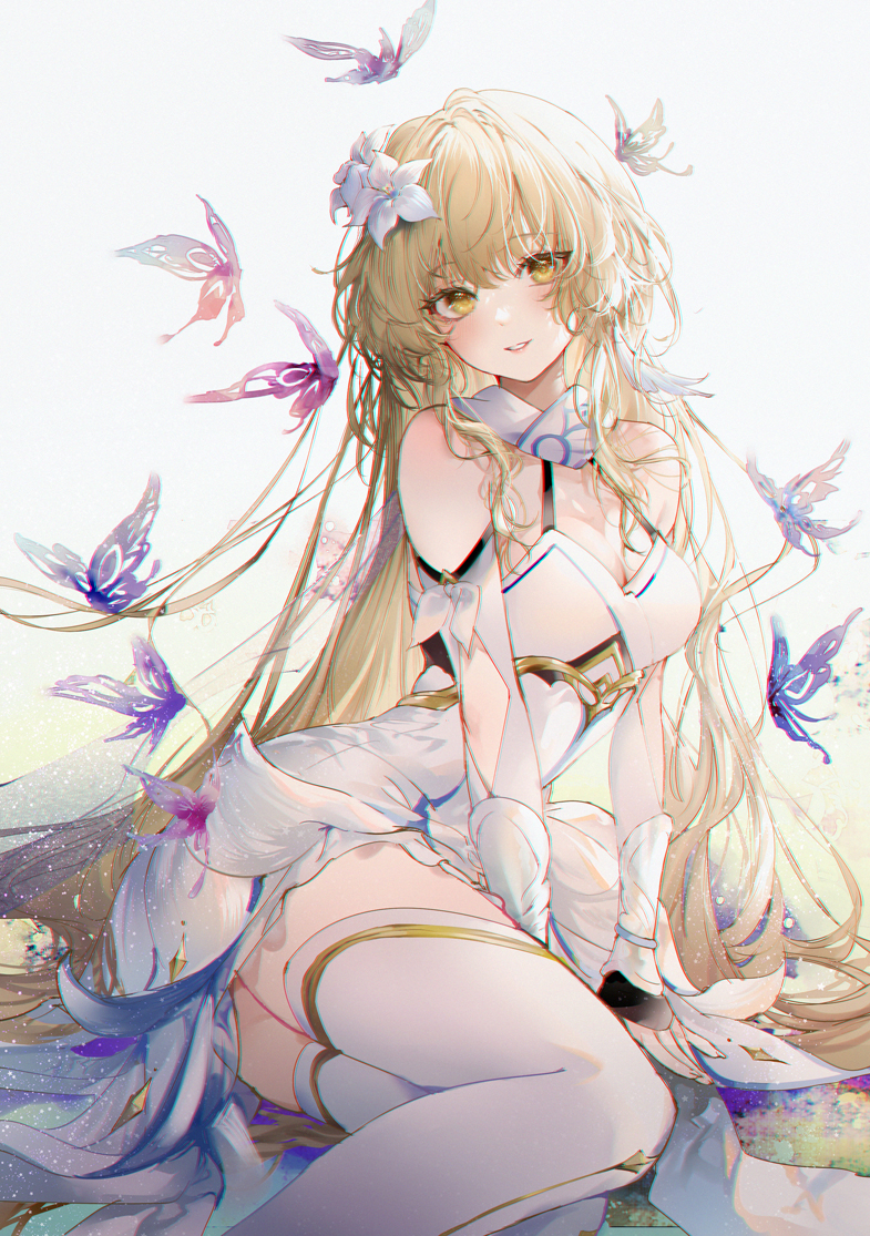 1girl alternate_hair_length alternate_hairstyle arm_support bad_anatomy bad_leg blonde_hair blush bug butterfly commentary_request dress elbow_cutout flower genshin_impact hair_flower hair_ornament kinokohime long_hair looking_at_viewer lumine_(genshin_impact) parted_lips purple_butterfly smile solo teeth thighhighs white_background white_dress white_flower white_thighhighs yellow_eyes