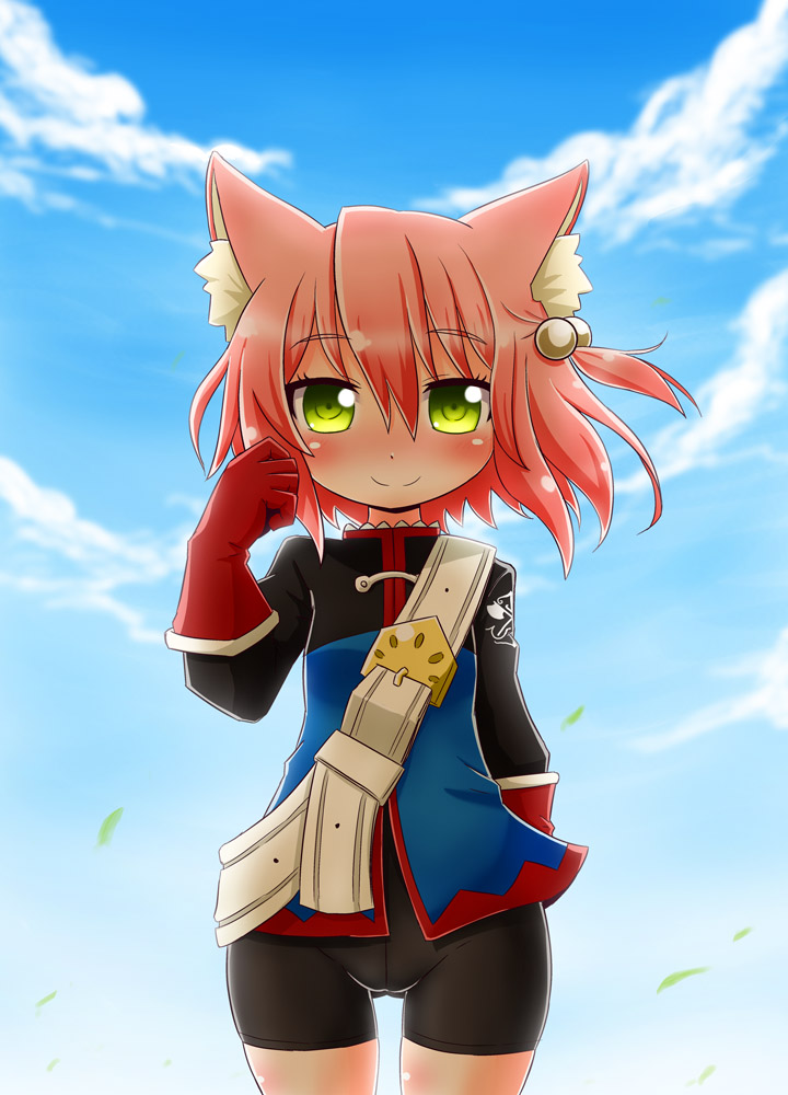 1girl 7th_dragon 7th_dragon_(series) animal_ear_fluff animal_ears ass_visible_through_thighs belt belt_buckle bike_shorts black_shorts blue_jacket blue_sky blush buckle cat_ears closed_mouth cloud commentary_request day fighter_(7th_dragon) gloves green_eyes hair_between_eyes hair_bobbles hair_ornament hand_up harukara_(7th_dragon) jacket long_sleeves looking_at_viewer naga_u one_side_up outdoors pink_hair red_gloves shorts sky smile solo standing white_belt