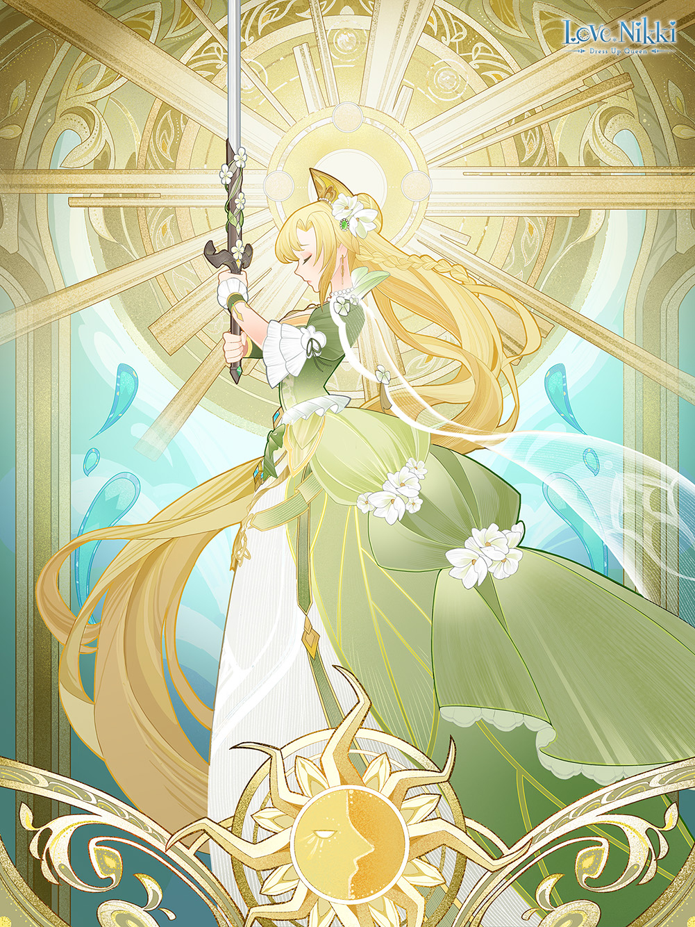 1girl arch blonde_hair breasts closed_eyes copyright_name dress earrings english_commentary flower green_dress hair_flower hair_ornament halo highres holding holding_sword holding_weapon jewelry lips long_dress long_hair long_sleeves medium_breasts miracle_nikki official_art solo sun_symbol sunlight sword water weapon