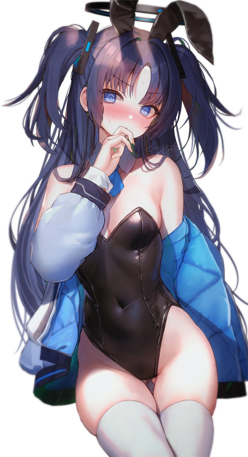 1girl @_@ alternate_costume animal_ears bare_shoulders black_leotard blue_archive blue_eyes blue_necktie blush breasts commentary detached_collar fake_animal_ears finger_to_mouth hair_intakes hanato_(seonoaiko) highleg highleg_leotard highres leotard long_hair medium_breasts necktie nervous_sweating parted_bangs playboy_bunny purple_hair rabbit_ears short_necktie short_twintails simple_background solo strapless strapless_leotard sweat thighhighs twintails v-shaped_eyebrows white_background white_thighhighs wrist_cuffs yuuka_(blue_archive)