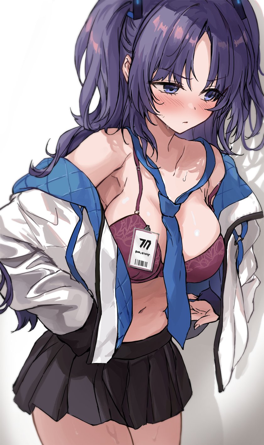 1girl black_skirt blue_archive blue_necktie blush bra breasts highres id_card jacket jacket_partially_removed large_breasts long_hair loose_necktie miniskirt navel necktie no_shirt pleated_skirt purple_bra purple_eyes purple_hair saya_(mychristian2) simple_background skirt solo stomach sweat two-sided_fabric two-sided_jacket two_side_up underwear very_long_hair white_background yuuka_(blue_archive)