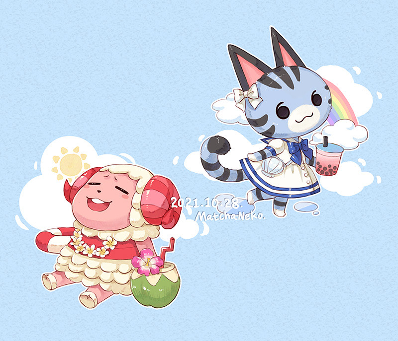 1boy 1girl :3 :d animal_crossing artist_name bag blue_background blue_bow blue_bowtie blush blush_stickers bow bowtie bubble_tea buttons cat_girl closed_eyes closed_mouth cloud coconut coconut_cup commentary cup curled_horns dated disposable_cup dom_(animal_crossing) dress drinking_straw english_commentary flower flower_necklace holding holding_cup horns lei lifebuoy lolly_(animal_crossing) matchaneko open_mouth pink_flower pink_horns puddle rainbow raised_eyebrows sailor_collar sailor_dress sheep_boy sheep_horns shell_bag short_sleeves shoulder_bag simple_background smile summer sun teeth upper_teeth_only white_bow white_dress white_flower white_sailor_collar