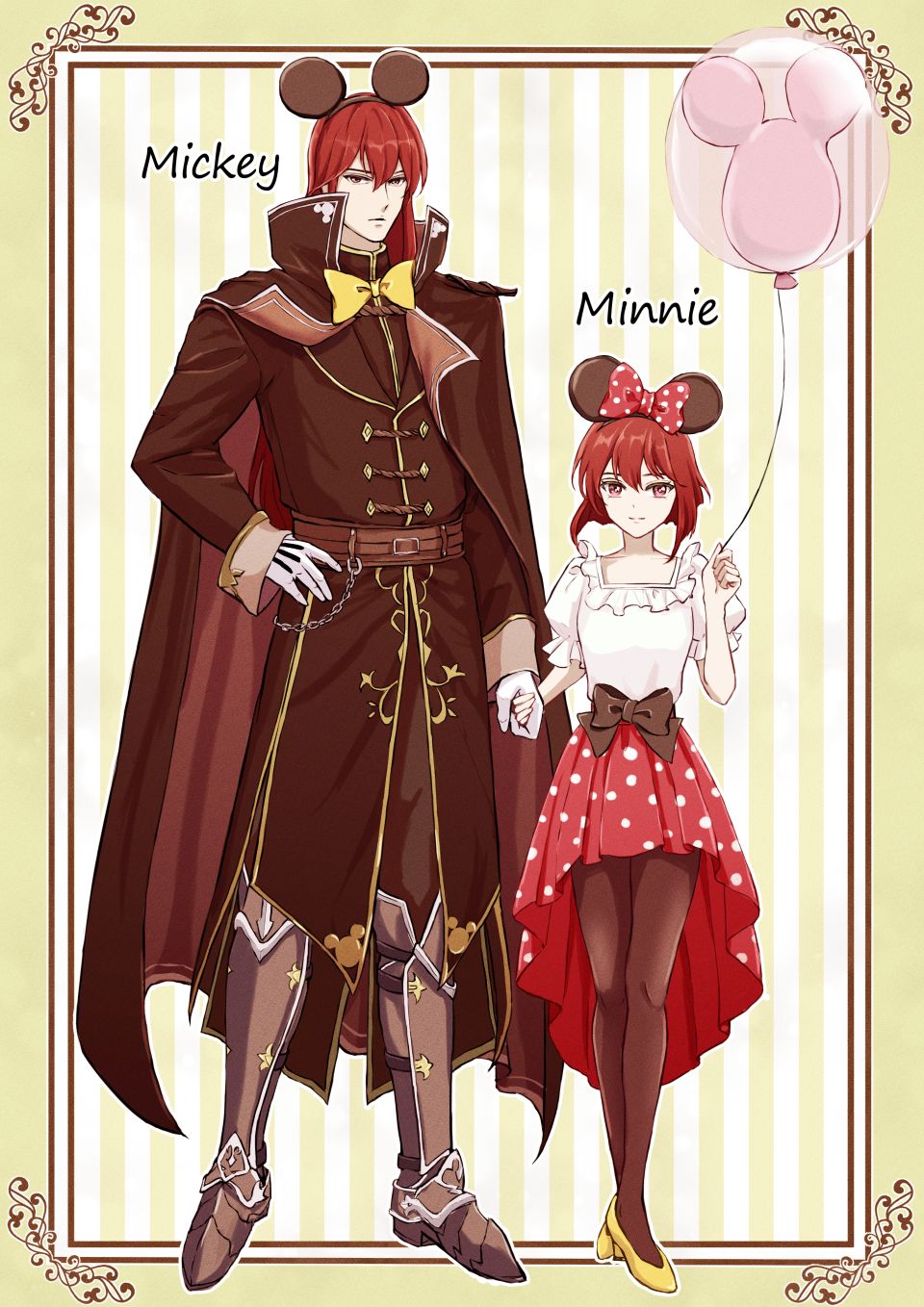 1boy 1girl balloon black_bow black_coat black_pantyhose bow bowtie brother_and_sister cape coat disney fire_emblem fire_emblem:_mystery_of_the_emblem full_body gloves hair_between_eyes hair_bow highres holding holding_balloon holding_hands long_hair long_sleeves looking_at_viewer maria_(fire_emblem) michalis_(fire_emblem) mickey_mouse_ears minnie_mouse_ears pantyhose polka_dot polka_dot_bow polka_dot_skirt puffy_short_sleeves puffy_sleeves red_eyes red_hair shirt short_hair short_sleeves siblings skirt white_gloves white_shirt yellow_bow yellow_bowtie yori_ilrosso