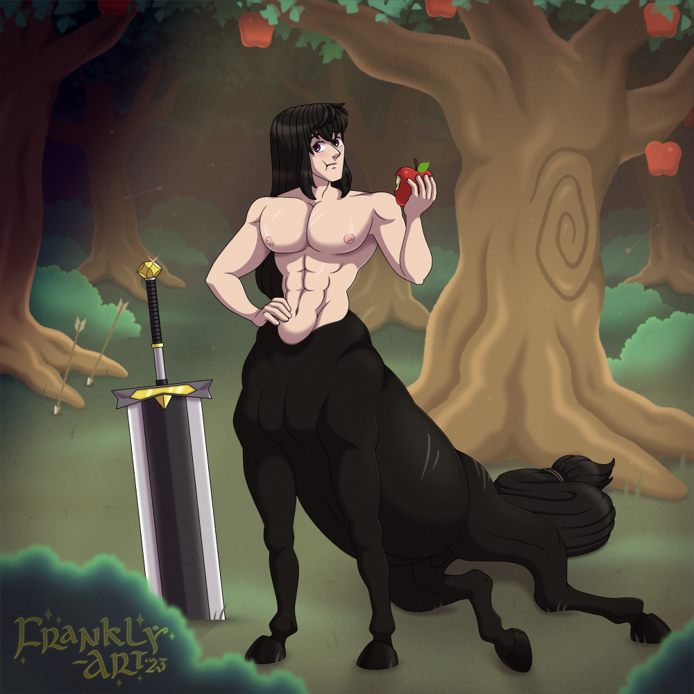 1:1 abs animal_genitalia apple apple_tree arrow_(weapon) arrows barely_visible_genitalia barely_visible_sheath black_body black_fur black_hair black_tail butt centaur eating eating_apple equid equid_taur equine equine_taur food forest frankly-art fruit fruit_tree fully_sheathed fur genitals glowing hair hand_on_hip hooves humanoid humanoid_taur knight leaf long_hair male mammal mammal_taur muscular muscular_male muscular_taur navel nipples nude pecs plant presenting presenting_hindquarters purple_eyes ranged_weapon resting_hindquarters scar sheath shrub sitting sitting_centaur small_waist solo sword_in_ground tail taur tree waist warrior weapon zorra_(centaurworks)