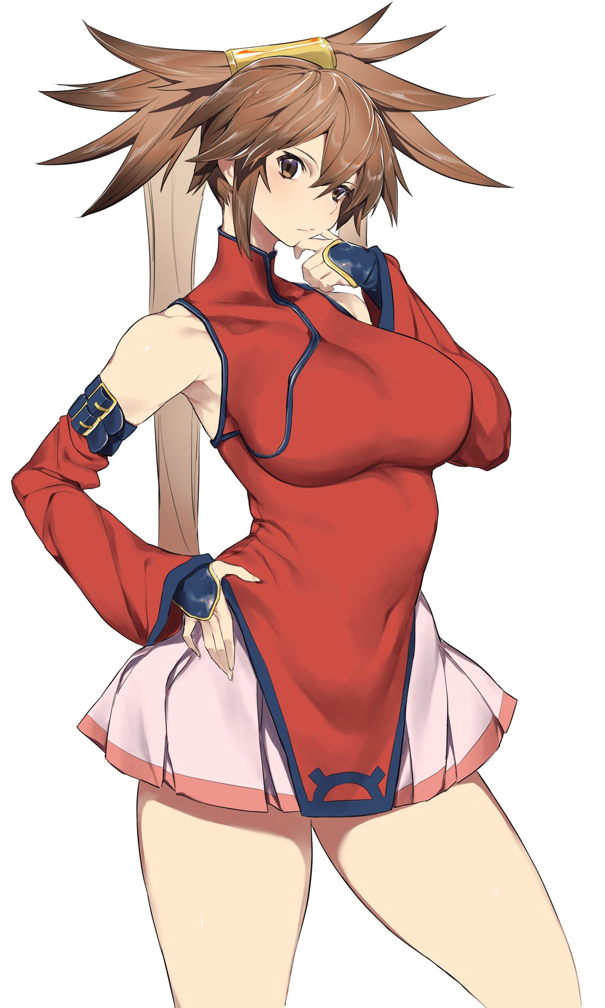 1girl armpits bare_shoulders belt breasts brown_eyes brown_hair china_dress chinese_clothes covered_navel covered_nipples cropped_legs dress guilty_gear guilty_gear_x guilty_gear_xx hair_between_eyes hand_on_own_face hand_on_own_hip highres kuma_(jk0073) kuradoberi_jam large_breasts long_hair looking_at_viewer miniskirt sidelocks simple_background skirt solo thighs white_background