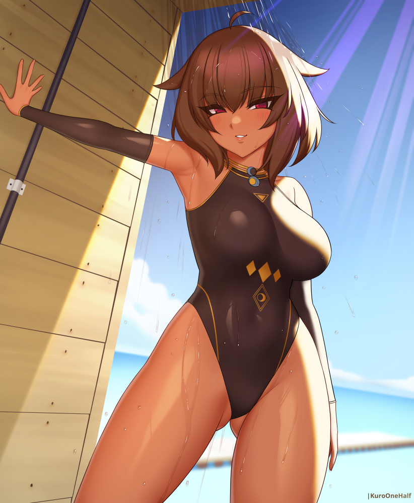 1girl ahoge arm_at_side armpits ass_visible_through_thighs bead_bracelet beads black_choker black_one-piece_swimsuit blue_sky bracelet brown_hair choker collarbone commission competition_swimsuit contrapposto dark-skinned_female dark_skin day detached_sleeves hair_flaps jewelry kuroonehalf long_sleeves looking_at_viewer ocean one-piece_swimsuit original outdoors outstretched_arm parted_lips red_eyes short_hair showering sky smile solo swimsuit water wooden_wall