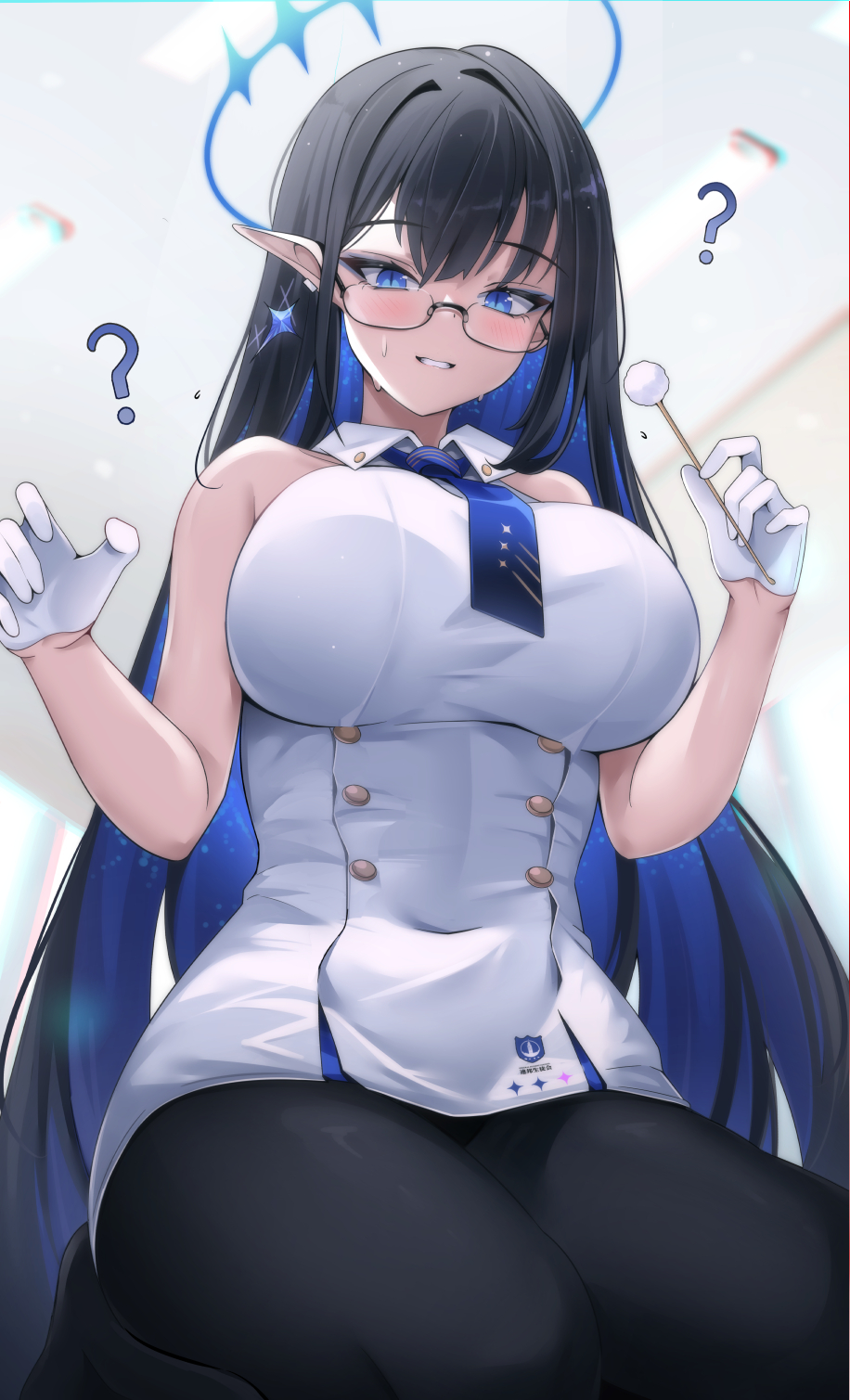 1girl ? black_hair black_pantyhose blue_archive blue_eyes blue_hair blush breasts colored_inner_hair covered_navel dress flying_sweatdrops giga-tera glasses gloves halo highres indoors large_breasts long_hair looking_at_viewer mimikaki multicolored_hair pantyhose pointy_ears rimless_eyewear rin_(blue_archive) seiza sitting sleeveless sleeveless_dress smile solo straight_hair sweat taut_clothes taut_dress two-tone_hair very_long_hair white_dress white_gloves