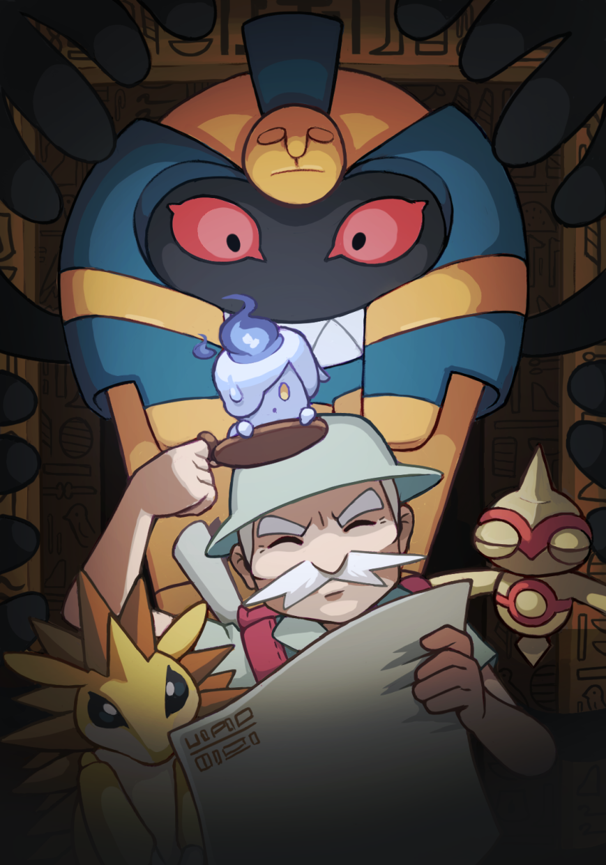 1boy baltoy candle closed_eyes cofagrigus facial_hair facing_viewer fire flame hat highres holding holding_map indoors litwick map mateus_upd mustache old old_man pokemon pokemon_(creature) ruin_maniac_(pokemon) sandslash short_sleeves